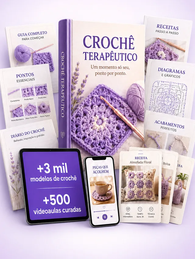 Tudo que você recebe no Kit Premium: guia Crochê Terapêutico, +500 videoaulas, +3.000 modelos de crochê, receitas, diagramas e bônus exclusivos